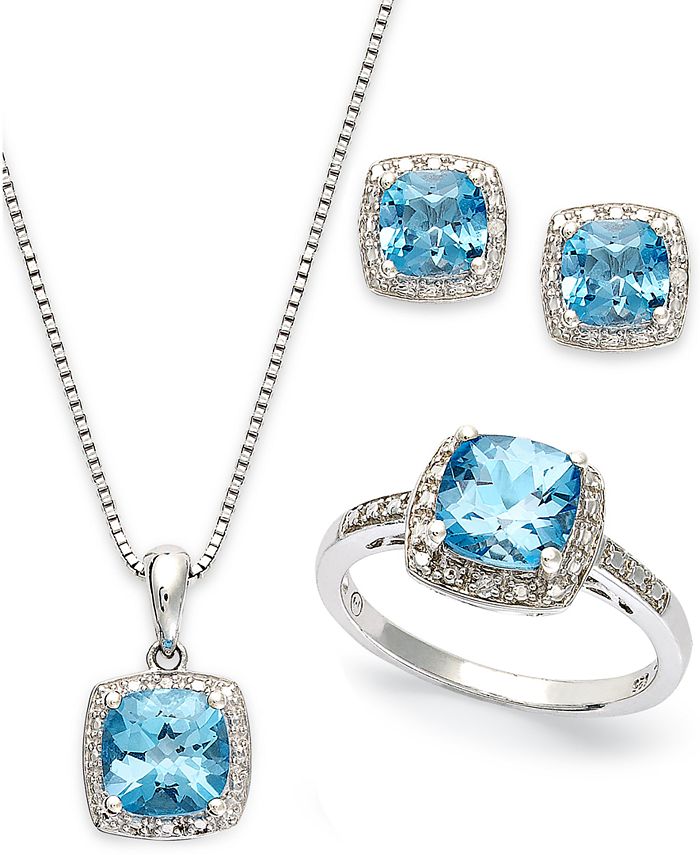 Macy's Sterling Silver Jewelry Set, Blue Topaz (5-7/8 Ct. t.w.) and Diamond Accent Necklace, Earrings and Ring Set - Blue Topaz