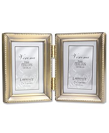 Antique Gold Brass Hinged Double Picture Frame - Beaded Edge Design - 2" x 3"