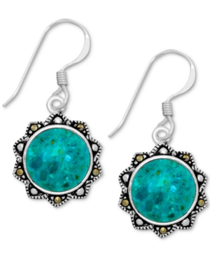 image of Reconstituted Turquoise & Marcasite Flower Drop Earrings in Fine Silver-Plate