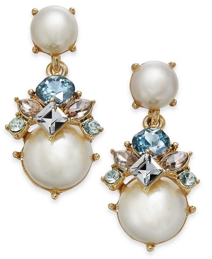 Vintage 3cm Clip-On Drop Earrings - Fake Pearl & Crystal Teardrop, Gold Tone Retro Style