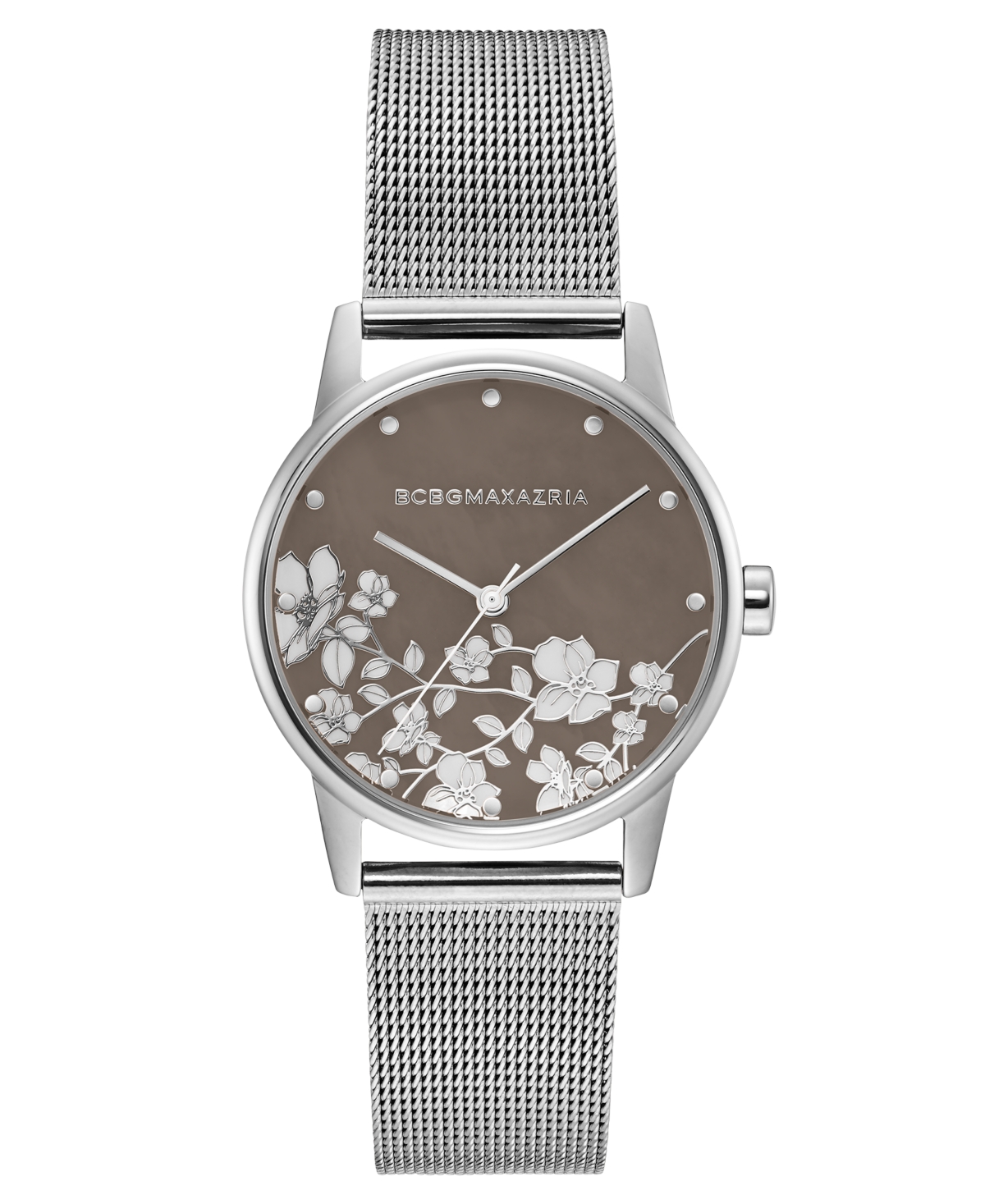 Bcbgmaxazria Ladies Round Silver Stainless Steel Mesh Strap Watch, 35mm