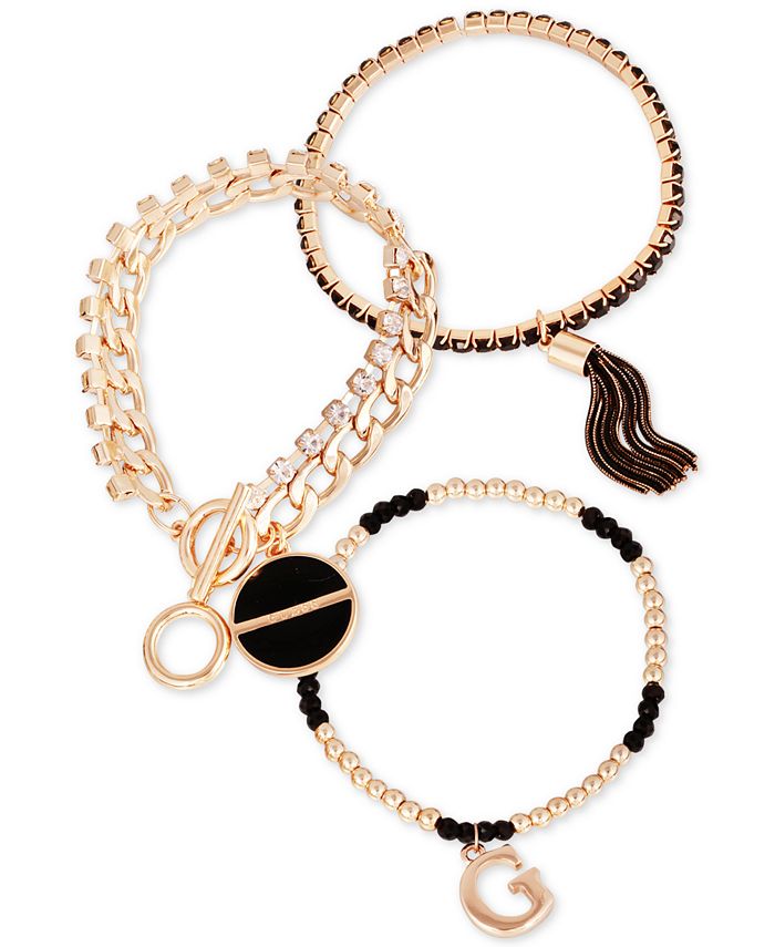 GUESS Gold-Tone 3-Pc. Set Jet Crystal, Bead & Chain Tassel Bracelets ...