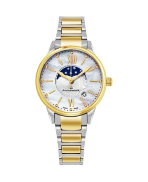 image of Alexander Watch A204B-04, Ladies Quartz Moonphase Date Watch with Yellow Gold Tone Stainless Steel Case on Yellow Gold Tone Stainless Steel Bracelet