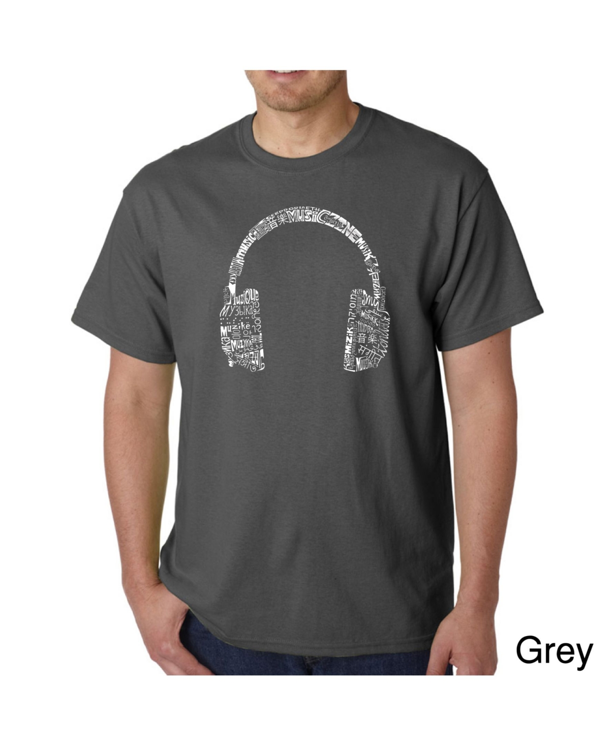 La Pop Art Mens Word Art T-Shirt - Headphones - Music in Different Languages