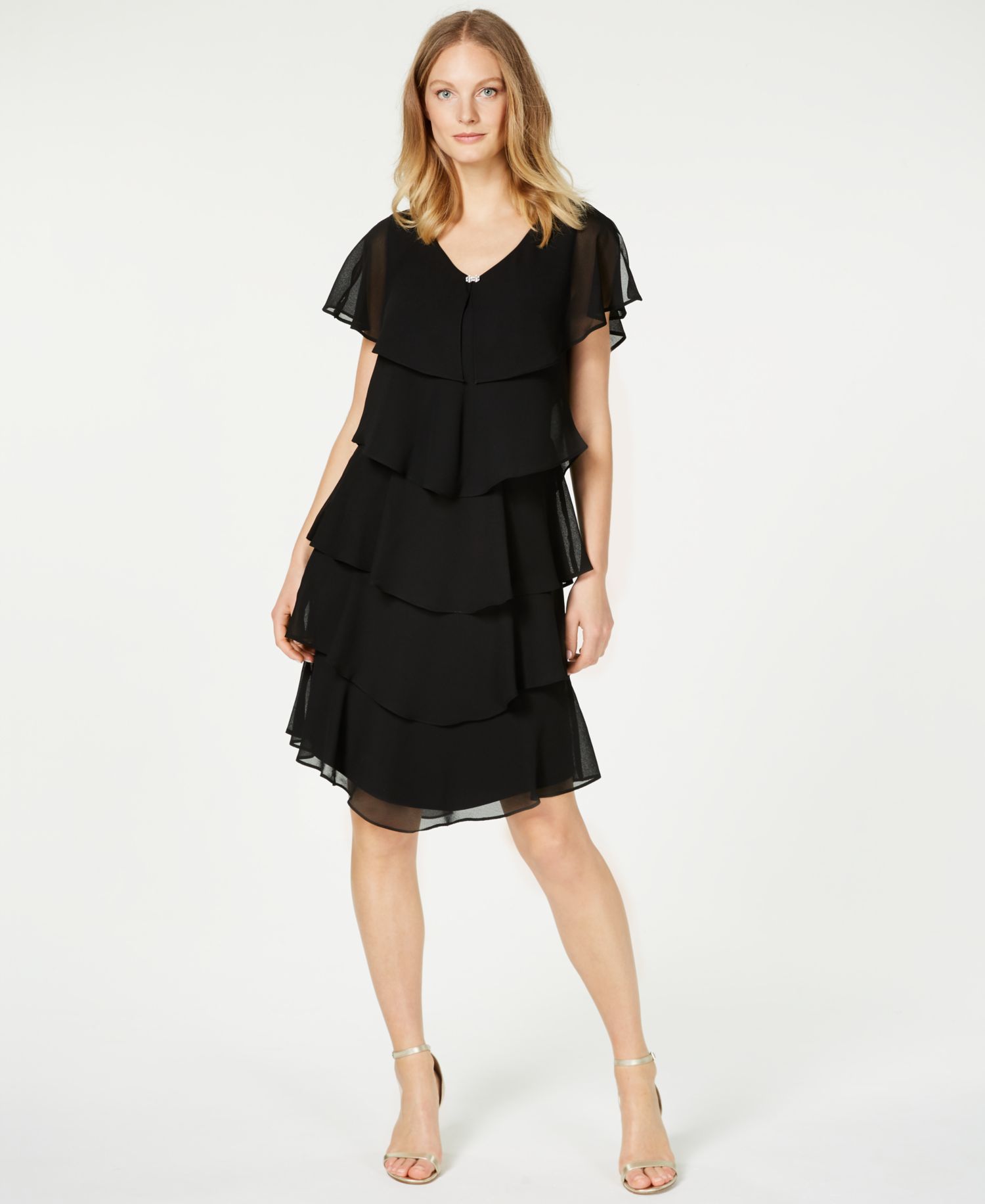 Women's Tiered Rhinestone Capelet Dress