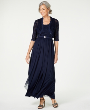 R & M Richards Sequined Lace Belted Gown and Jacket