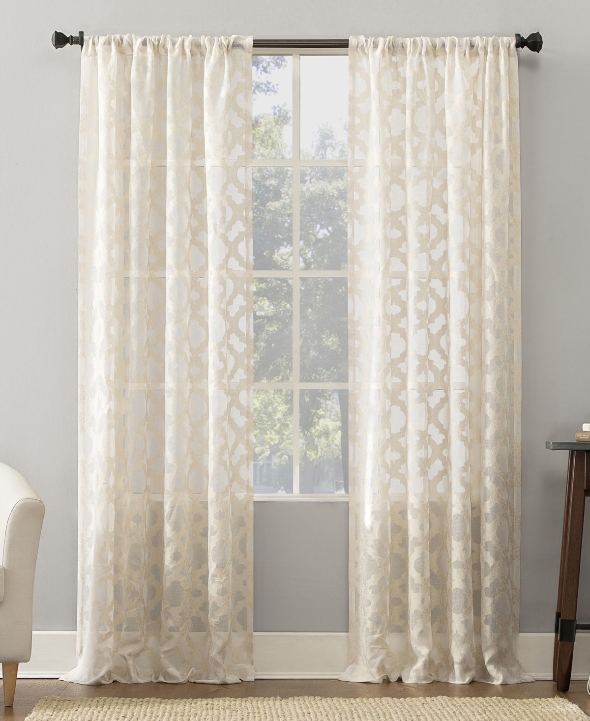 Yvette Trellis Jacquard Sheer Rod Pocket Curtain Panel - Cream