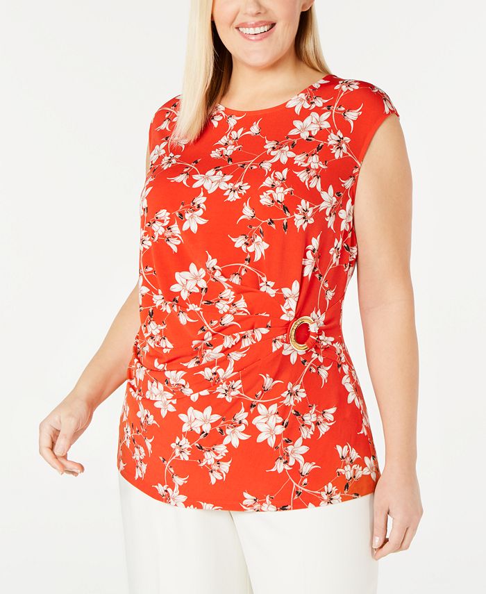 Calvin Klein Plus Size Ring-Trim Side-Ruched Printed Top & Reviews - Tops - Plus  Sizes - Macy's