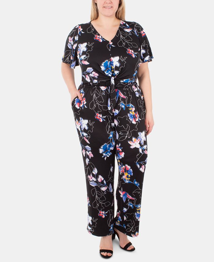 NY Collection Plus Size Printed Tie-Waist Jumpsuit - Macy's