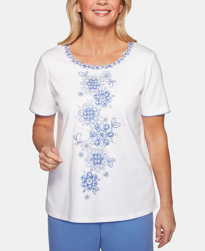 Alfred Dunner Petite The Summer Wind Embellished Floral Top - Macy's