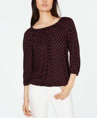 Michael Kors Womens Check Print Peasant Top Regular Petite Black Size Large