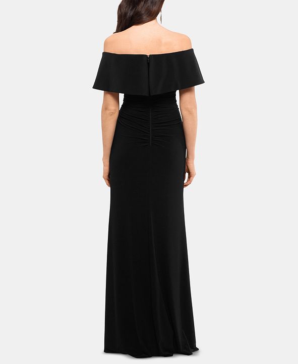 xscape ruffle off the shoulder gown