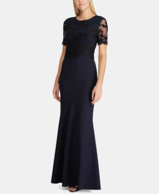 Lauren Ralph Lauren Lace-Bodice Crepe Gown