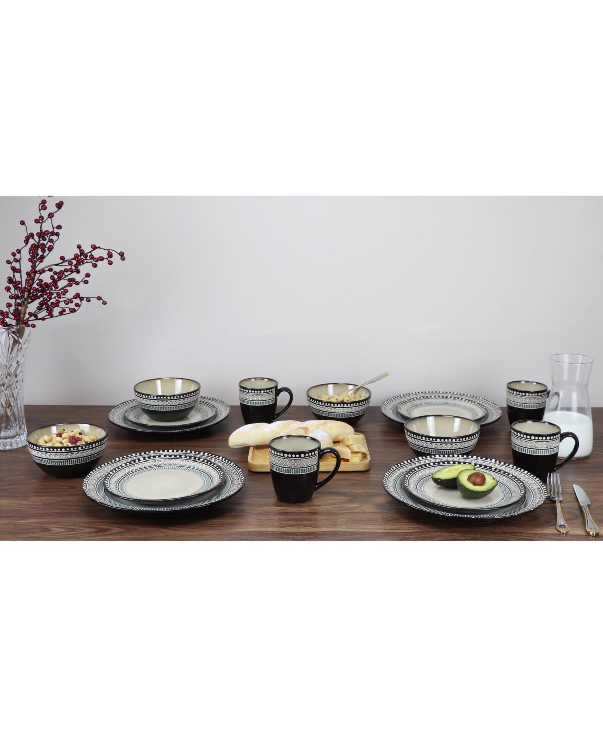 Lorren Home Trends 16 Piece Glazed Dinnerware - Neutral and Blue