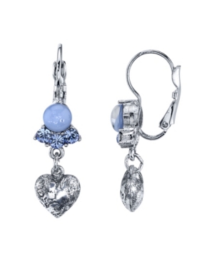 image of 2028 Silver Tone Lt. Blue Moonstone and Crystal Heart Lever back Drop Earrings
