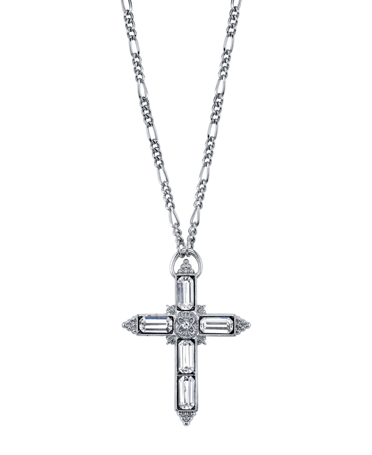 2028 Silver Tone Large Crystal Cross Pendant Necklace 28" In White