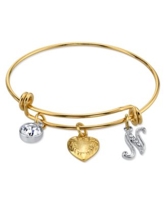 14K Gold-Dipped Heart and Initial Crystal Charm Bracelet