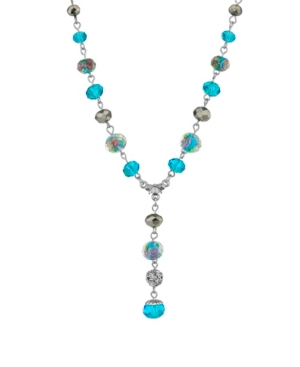 image of 2028 Silver Tone Aqua Pink Flower Beaded Drop Y Necklace 16