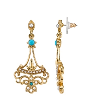 image of Downton Abbey Gold-Tone Simulated Pearl and Imitation Turquoise Drop Earrings