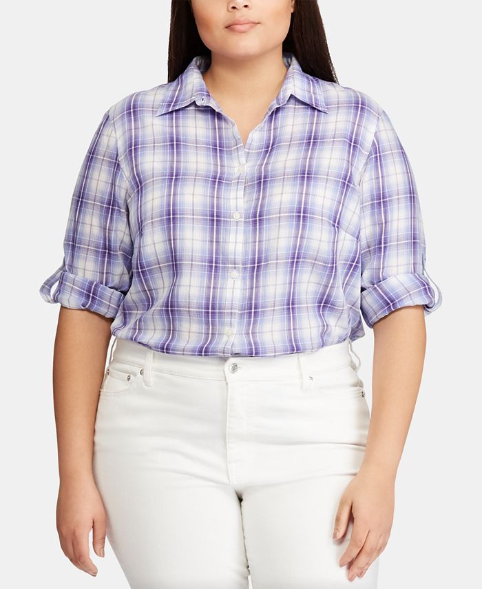Lauren Ralph Lauren Plus-Size Plaid-Print Roll-Tab Cotton Shirt