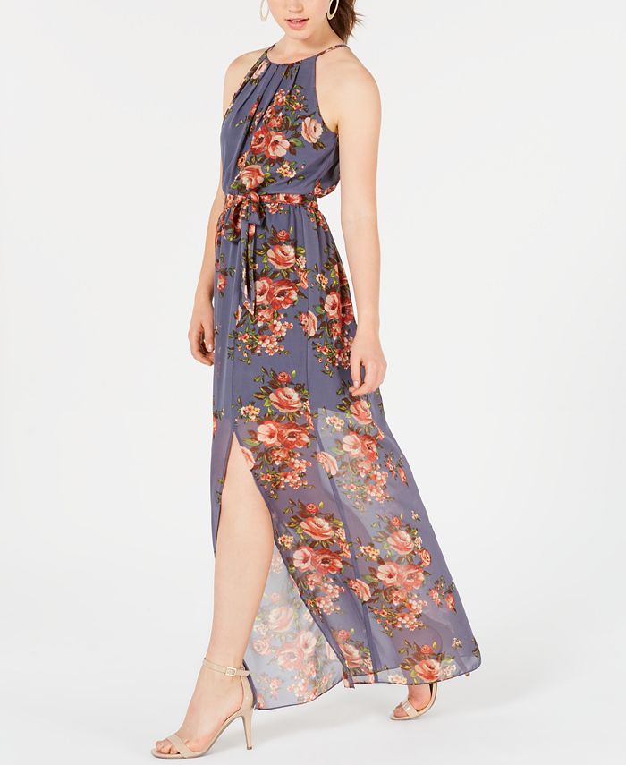 knee length dresses for ladies Boho Junior Plus Size Floral Wrap Belted Front Slit Maxi Dress Taupe / 1X-2X-3X/1-1-1