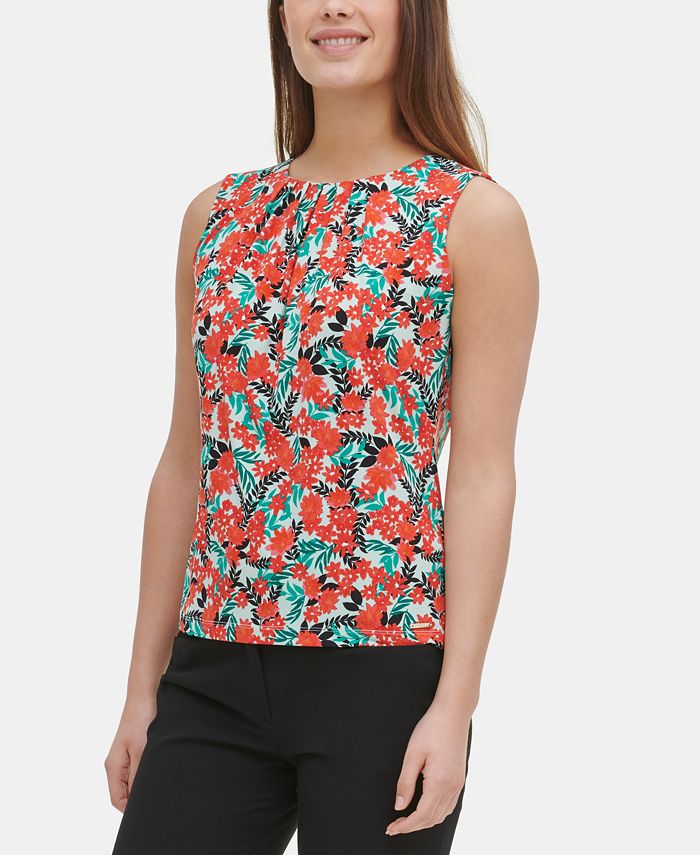 Calvin Klein Women's Floral Print Pleat Neck Top Blue Size X-Small