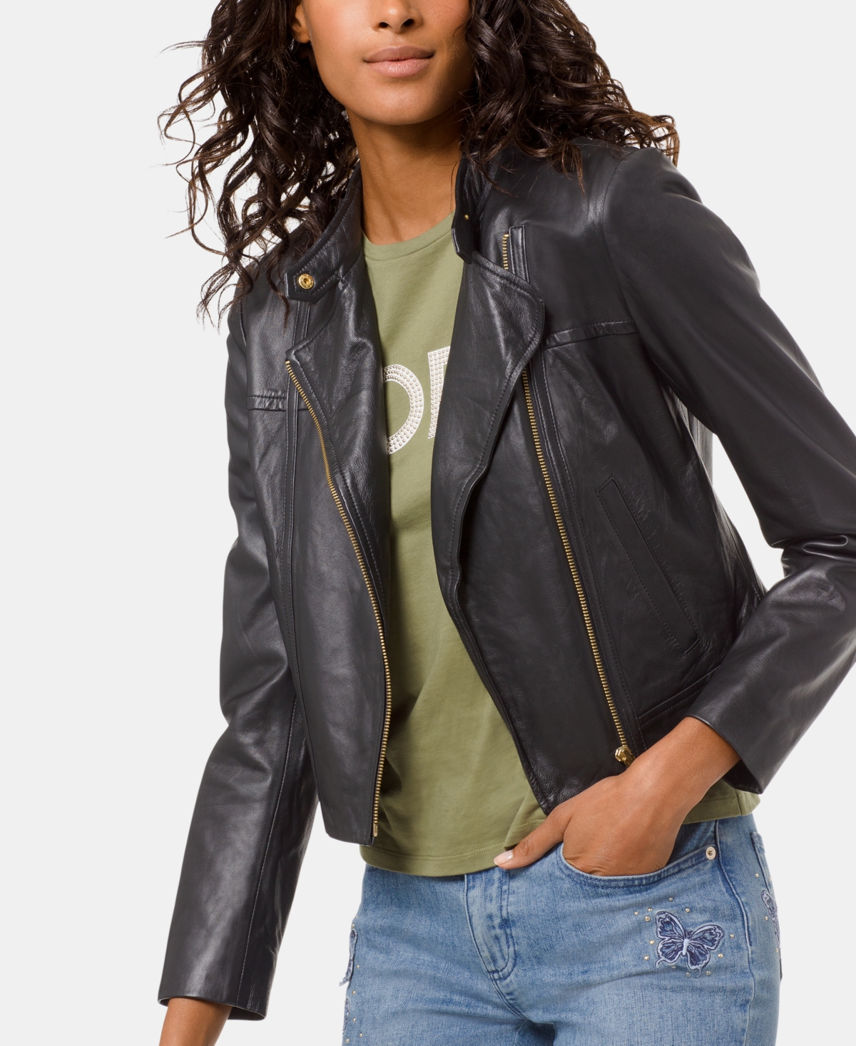 Shop Michael Kors Michael  Petite Leather Moto Jacket In Black,gold