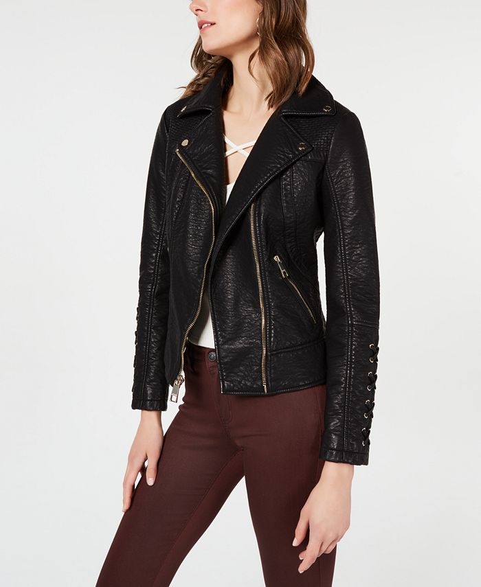 GUESS Faux-Leather Moto Jacket with Leopard-Print Faux-Fur Collar - Macy's