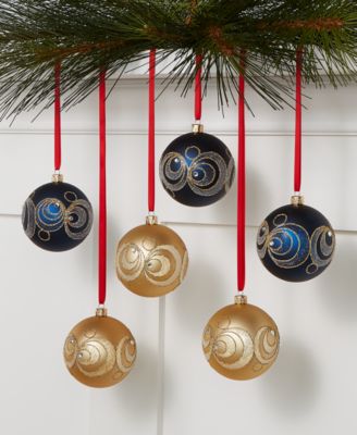 Holiday Lane - Midnight Blue Set of 6 Blue and Gold Shatterproof Ornaments