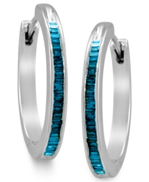 image of Sterling Silver Earrings, Blue Diamond Baguette Hoop Earrings (1/4 ct. t.w.)