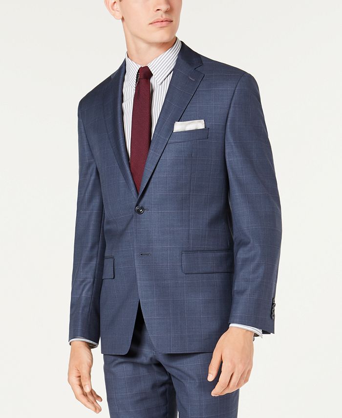 Michael Kors Men's Classic-Fit Airsoft Stretch Blue Windowpane Suit ...