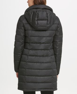 dkny asymmetrical puffer coat with fur hood