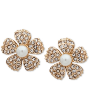 image of Anne Klein Gold-Tone Pave & Imitation Pearl Flower Clip-On Button Earrings