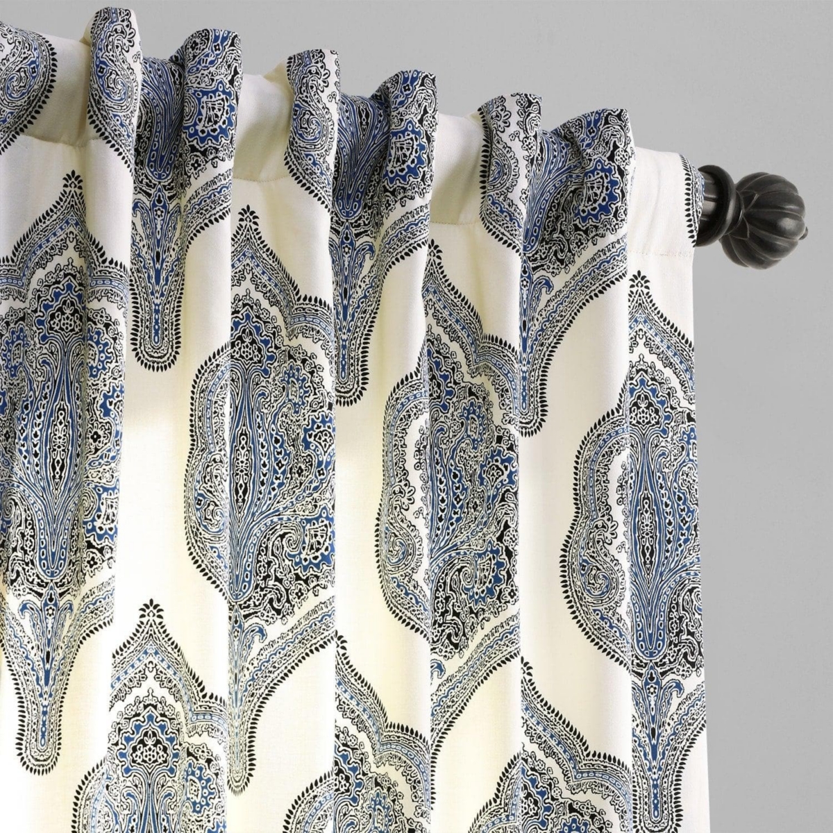 Half Price Drapes Arabesque Blue Emblem Printed Cotton Room Darkening Curtain