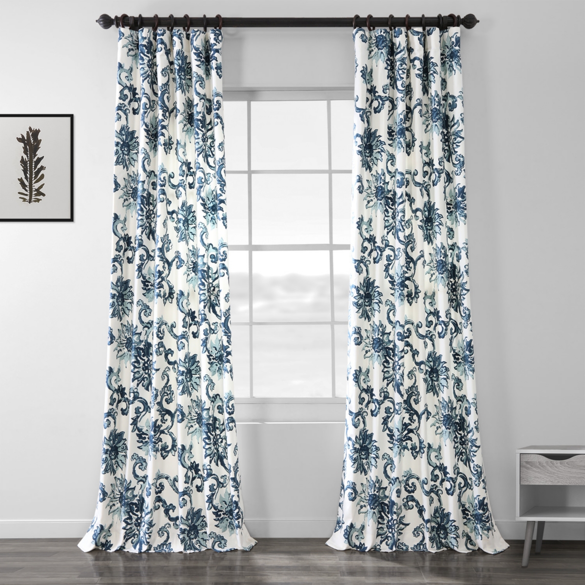 Half Price Drapes Indonesian Blue Floral Printed Cotton Room Darkening Curtain