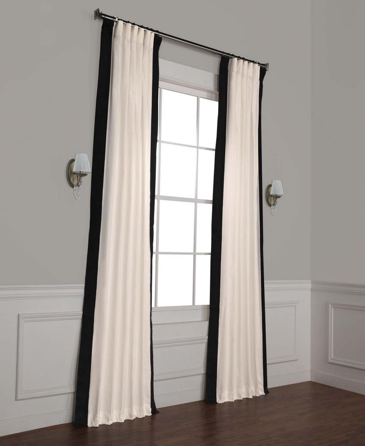 Half Price Drapes Fresh Popcorn & Black Bordered Vertical Printed Cotton Curtain In White