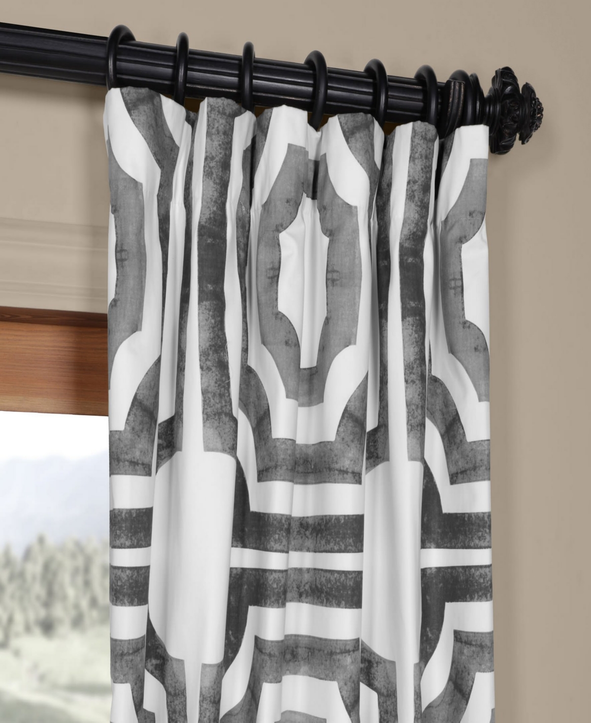 Half Price Drapes Mecca Steel Geometric Printed Cotton Room Darkening Curtain In Grey