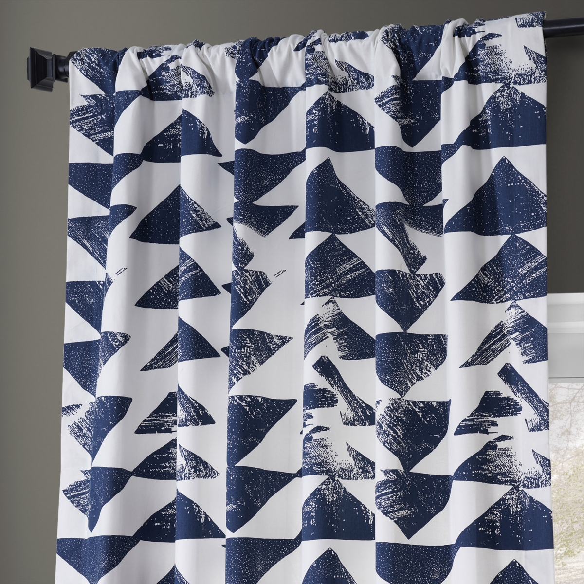 Half Price Drapes Triad Indigo Geometric Printed Cotton Room Darkening Curtain