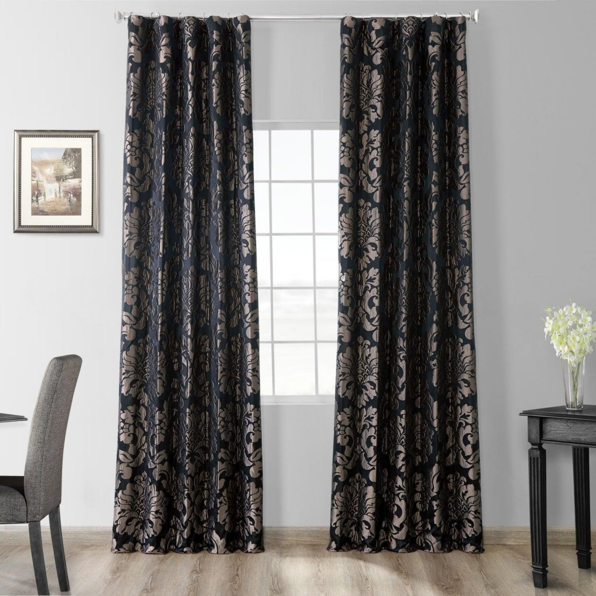 Half Price Drapes Astoria Black & Pewter Damask Faux Silk Jacquard Room Darkening Curtain