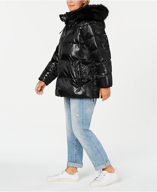 Dkny Plus Size High Shine Faux Fur Trim Hooded Puffer Coat