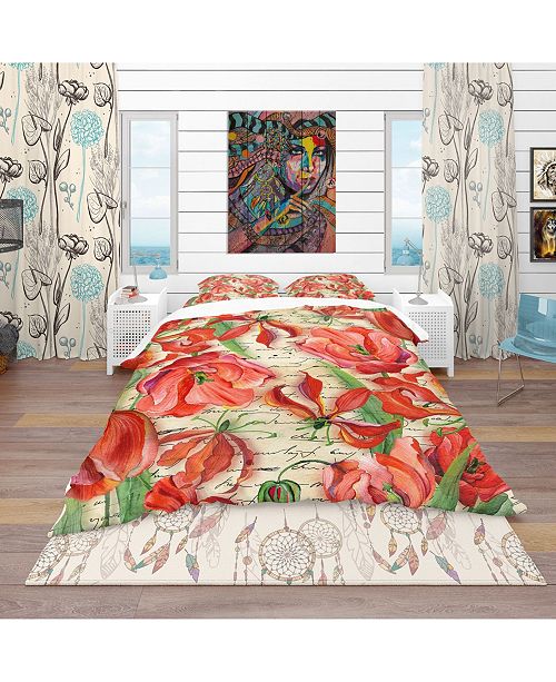 Design Art Designart Red Flower Pattern Vintage Duvet Cover Set