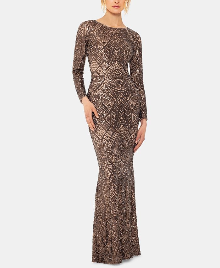 Betsy and adam cheap long sleeve sequin gown