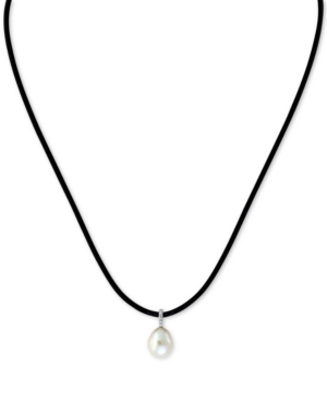 image of Effy Cultured Freshwater Pearl (9mm) & Diamond Accent Black Leather Cord 16