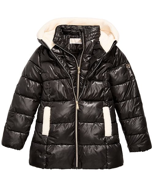 Michael Kors Big Girls Faux-Fur-Trim Hooded Shiny Puffer Jacket ...