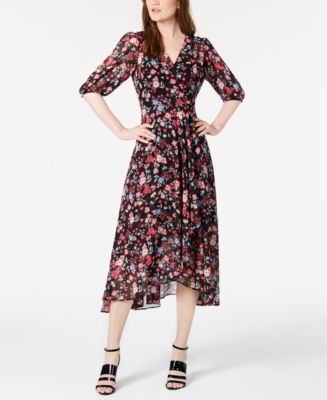 Calvin Klein Floral Chiffon Faux-Wrap Dress - Macy's