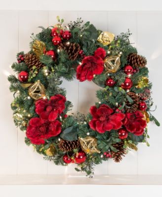 30" Lighted Christmas Wreath, Red Magnolia