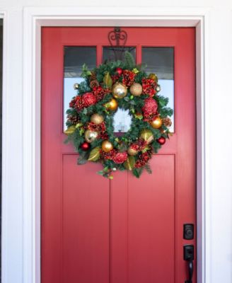 Village Lighting 30" Lighted Christmas Wreath, Scarlet Hydrangea