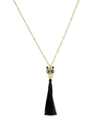 Thalia Sodi - Gold-Tone Crystal Leopard Head & Tassel Pendant Necklace, 36" + 3" extender