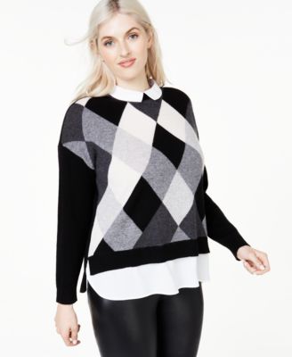 Charter Club - Plus Size Argyle Cashmere Layered-Look Sweater