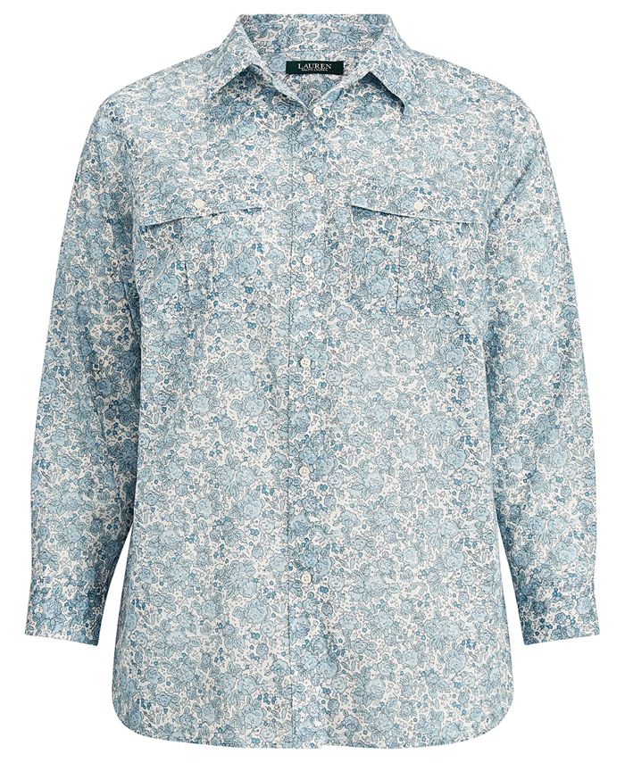 Lauren Ralph Lauren Plus Size Floral-Print Cotton Voile Shirt - Macy's